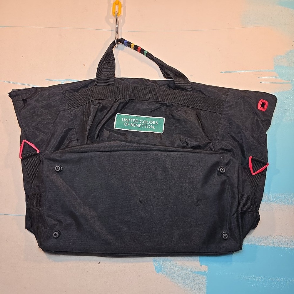 Vtg 1990s United Colors Of Benetton Nylon Duffel Black Logo Colorblock Pockets - Picture 12 of 16